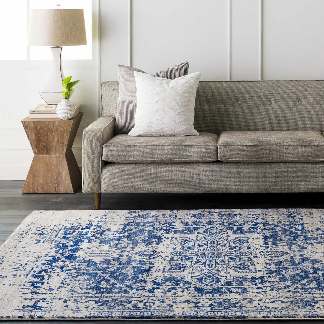 Transitional Heriz Design Blue and Beige Medallion Area Rug - The Rug Decor