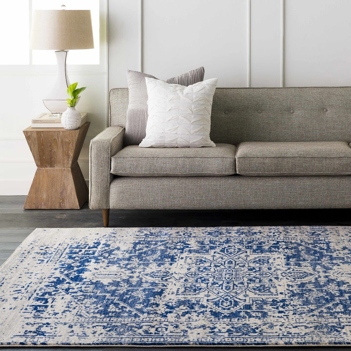Transitional Heriz Design Blue and Beige Medallion Area Rug - The Rug Decor