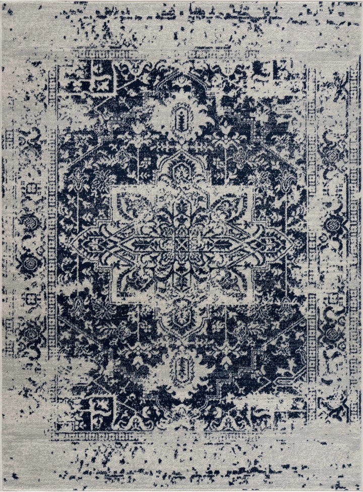 Transitional Heriz Design Blue and Beige Medallion Area Rug - The Rug Decor