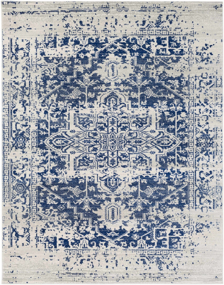 Transitional Heriz Design Blue and Beige Medallion Area Rug - The Rug Decor