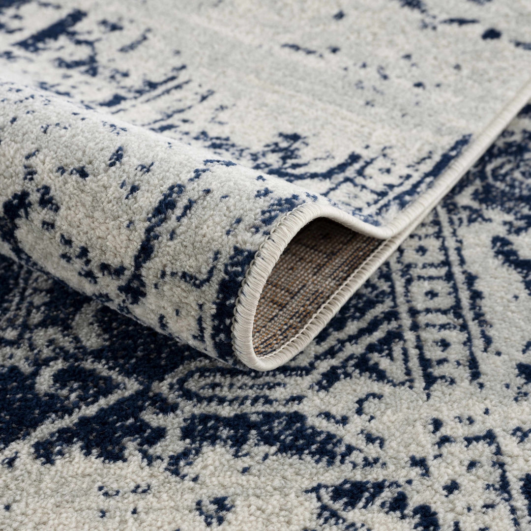 Transitional Heriz Design Blue and Beige Medallion Area Rug - The Rug Decor