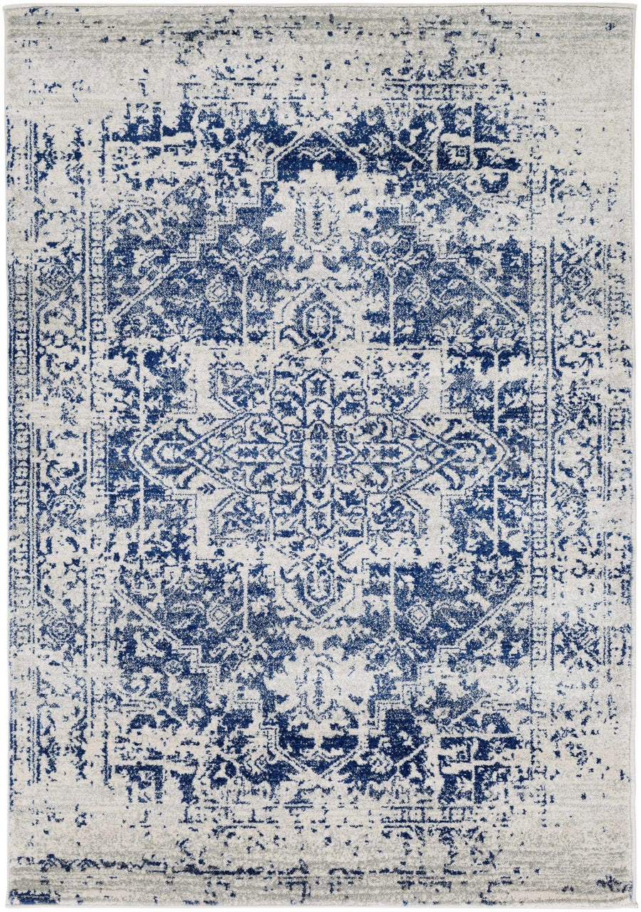 Transitional Heriz Design Blue and Beige Medallion Area Rug - The Rug Decor
