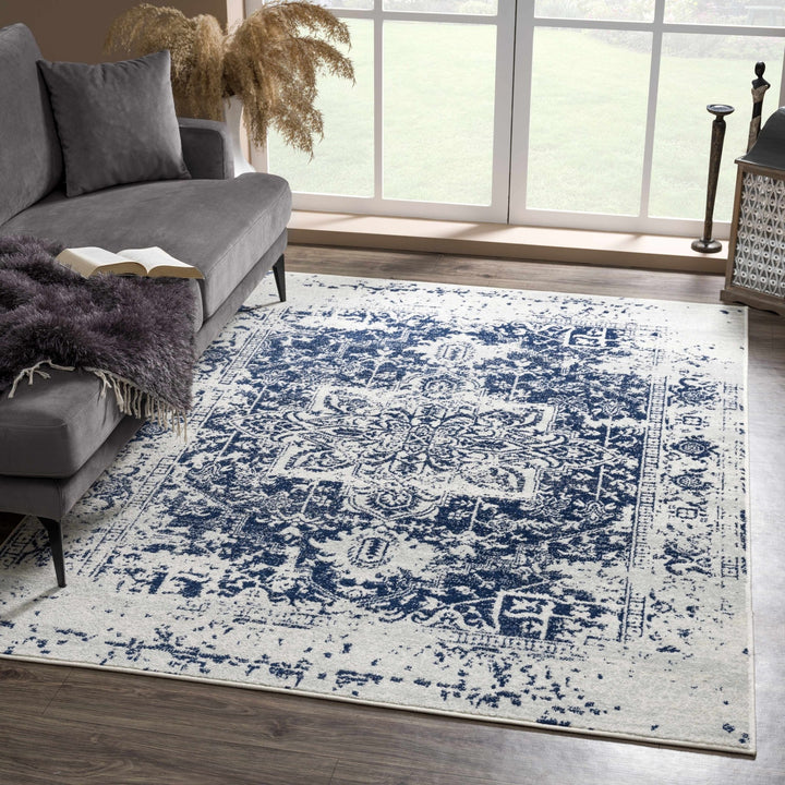Transitional Heriz Design Blue and Beige Medallion Area Rug - The Rug Decor