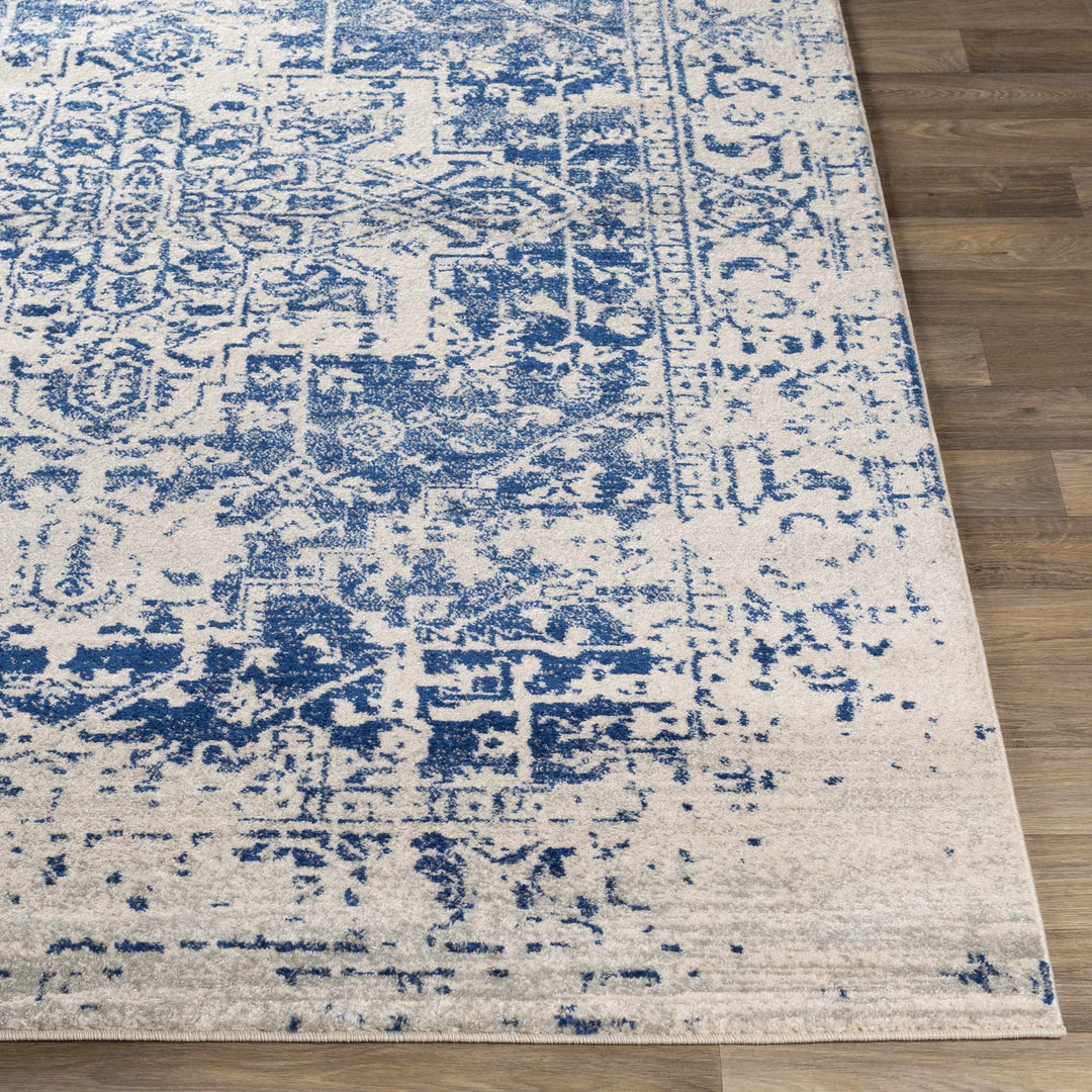 Transitional Heriz Design Blue and Beige Medallion Area Rug - The Rug Decor