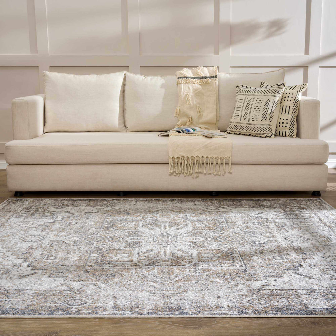 Transitional Ivory and Brown Machine Washable Rug - The Rug Decor