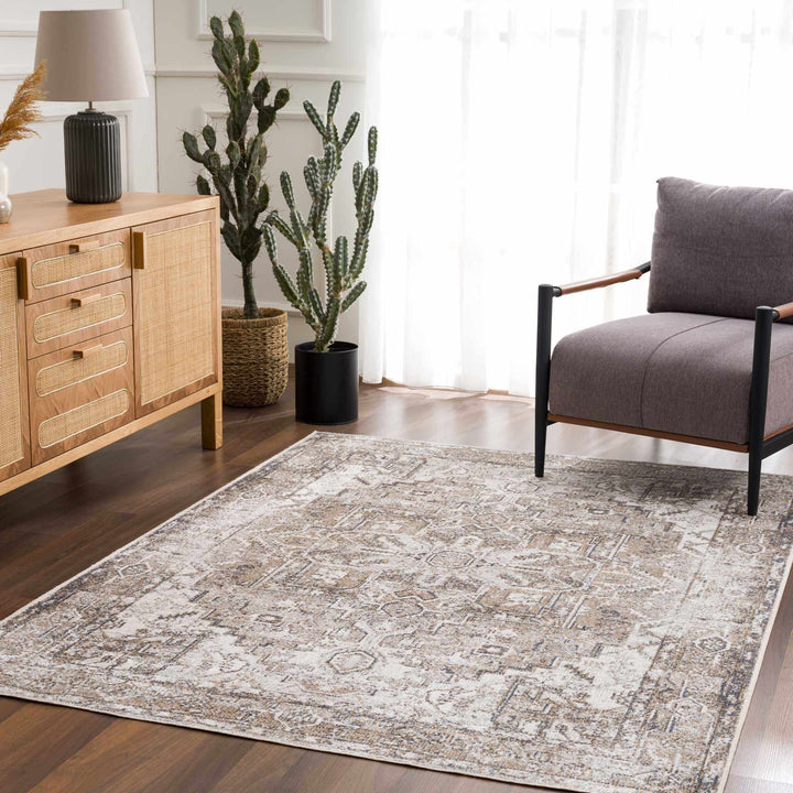 Transitional Ivory and Brown Machine Washable Rug - The Rug Decor