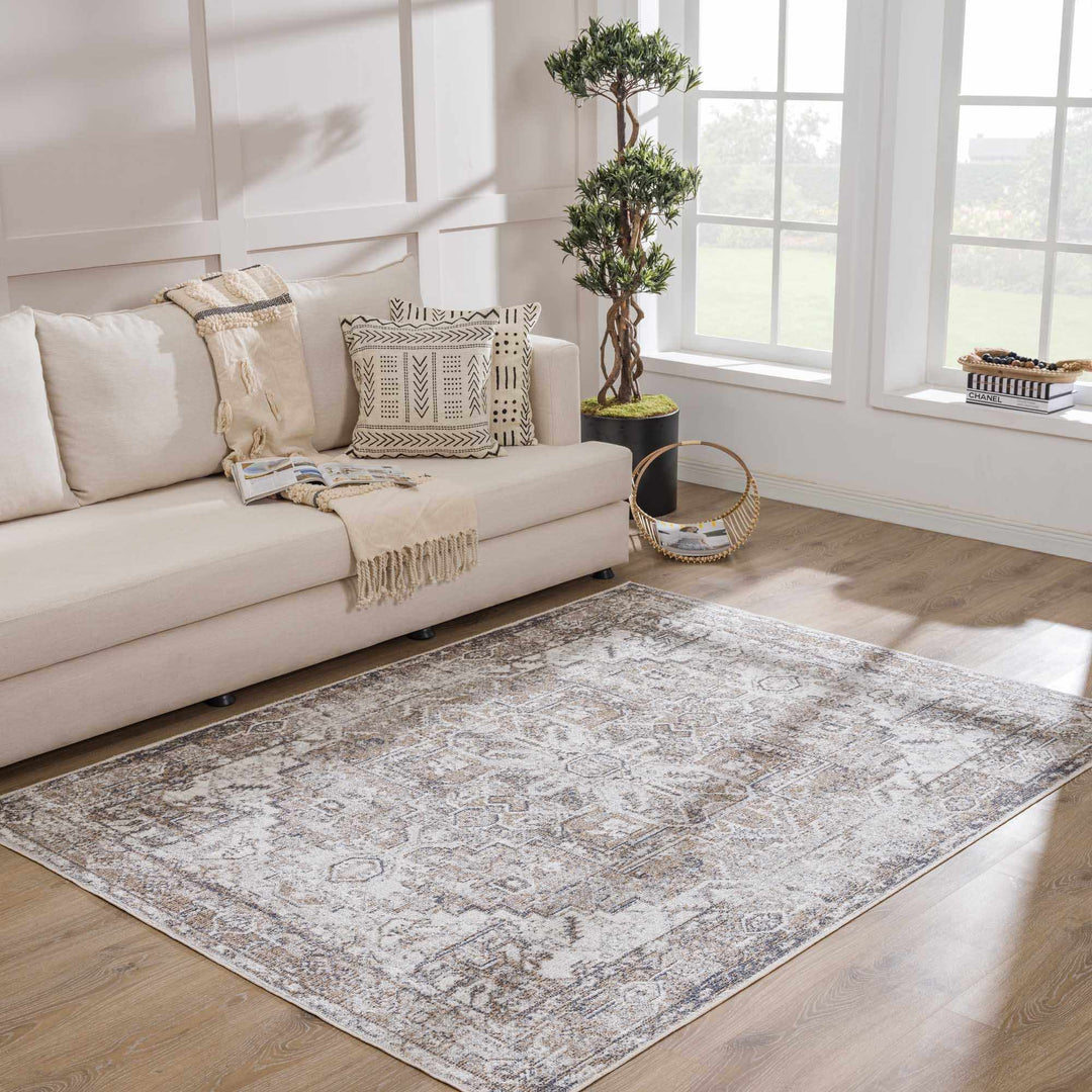 Transitional Ivory and Brown Machine Washable Rug - The Rug Decor