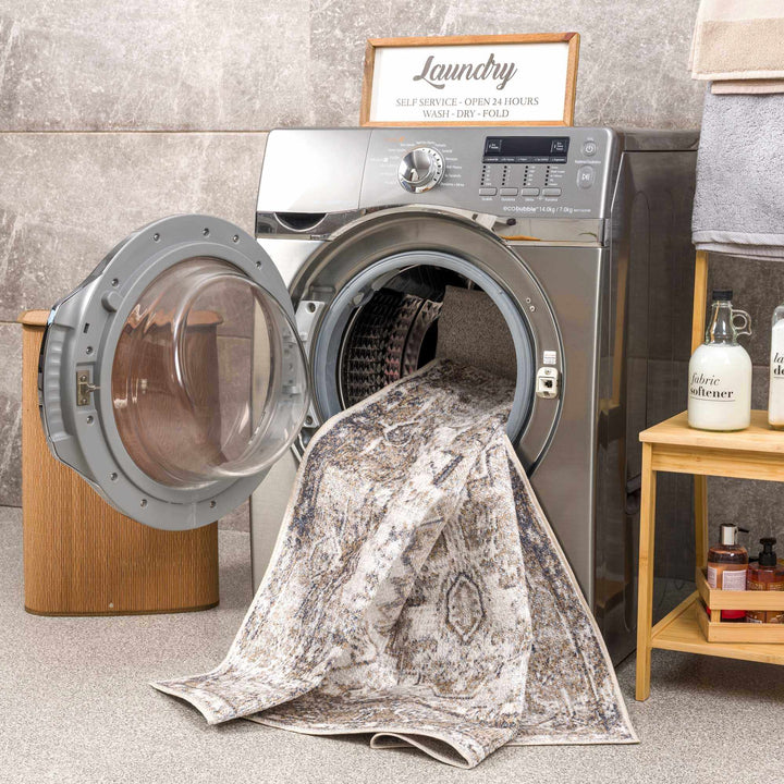 Transitional Ivory and Brown Machine Washable Rug - The Rug Decor