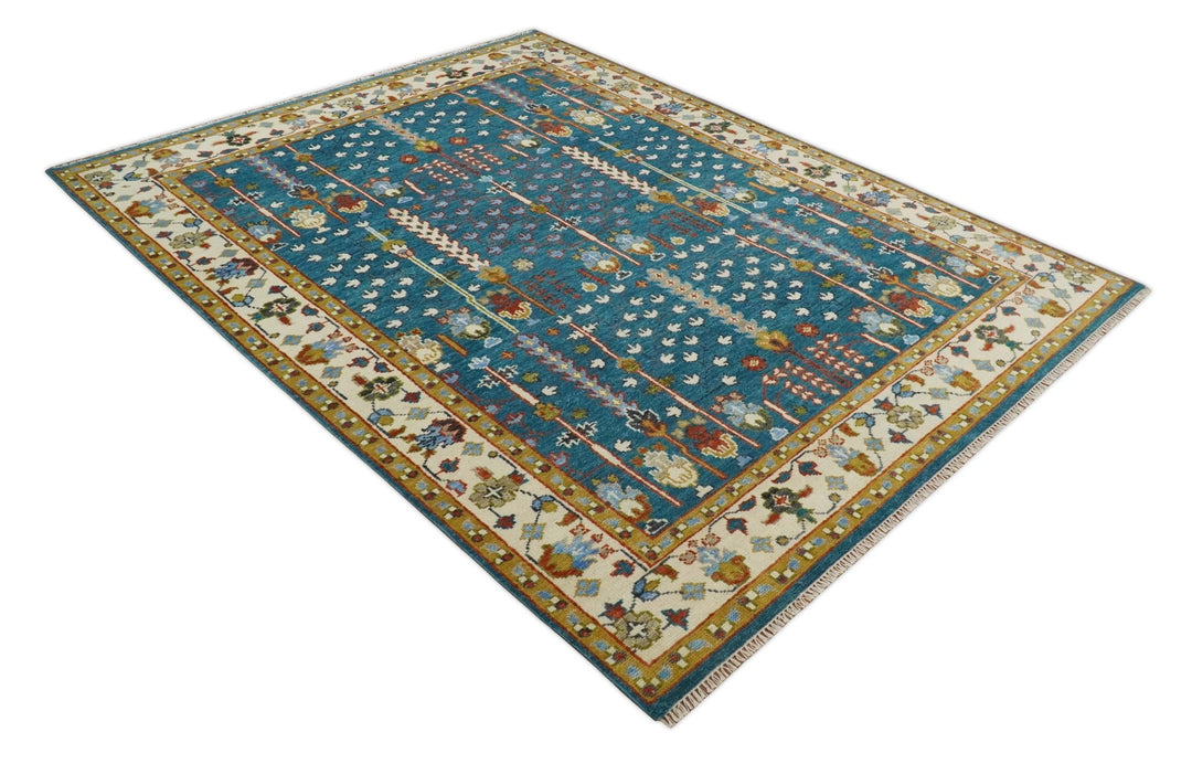 Tree of Life 5x8, 6x9, 8x10, 9x12, 10x14 and 12x15 Hand Knotted Teal Blue and Ivory Traditional Persian Vintage Wool Rug | TRDCP785 - The Rug Decor