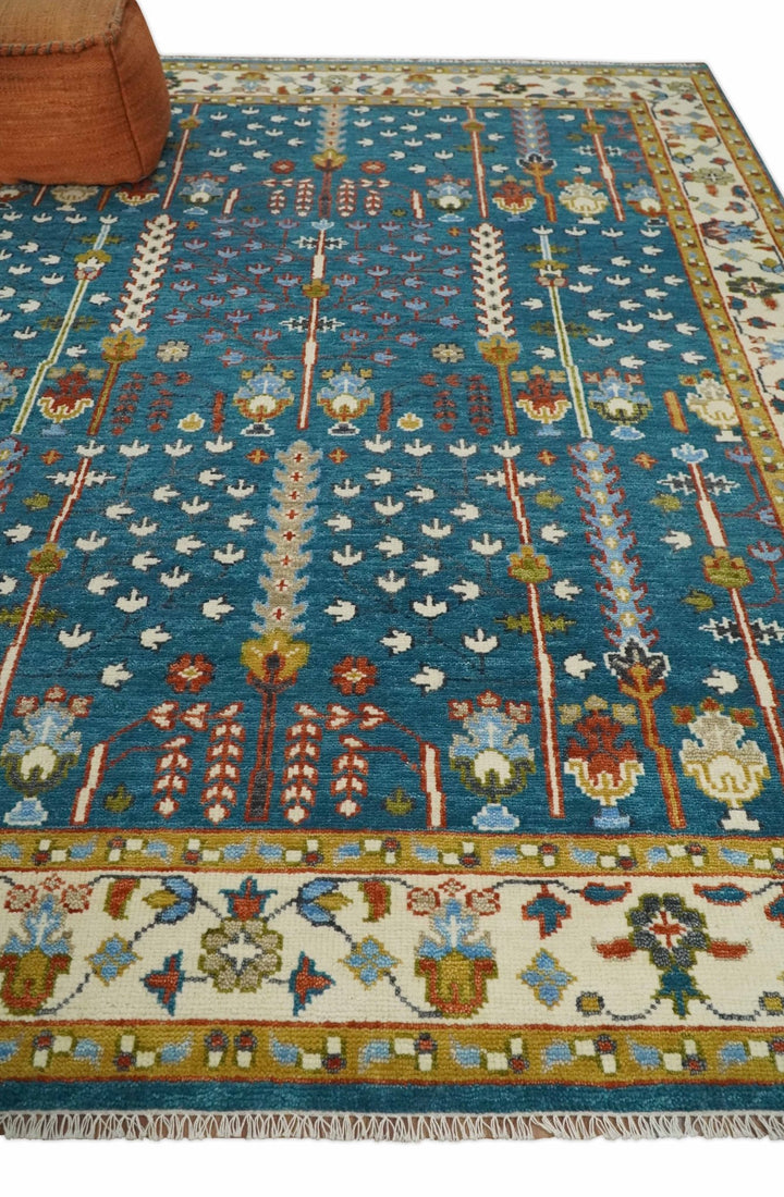 Tree of Life 5x8, 6x9, 8x10, 9x12, 10x14 and 12x15 Hand Knotted Teal Blue and Ivory Traditional Persian Vintage Wool Rug | TRDCP785 - The Rug Decor