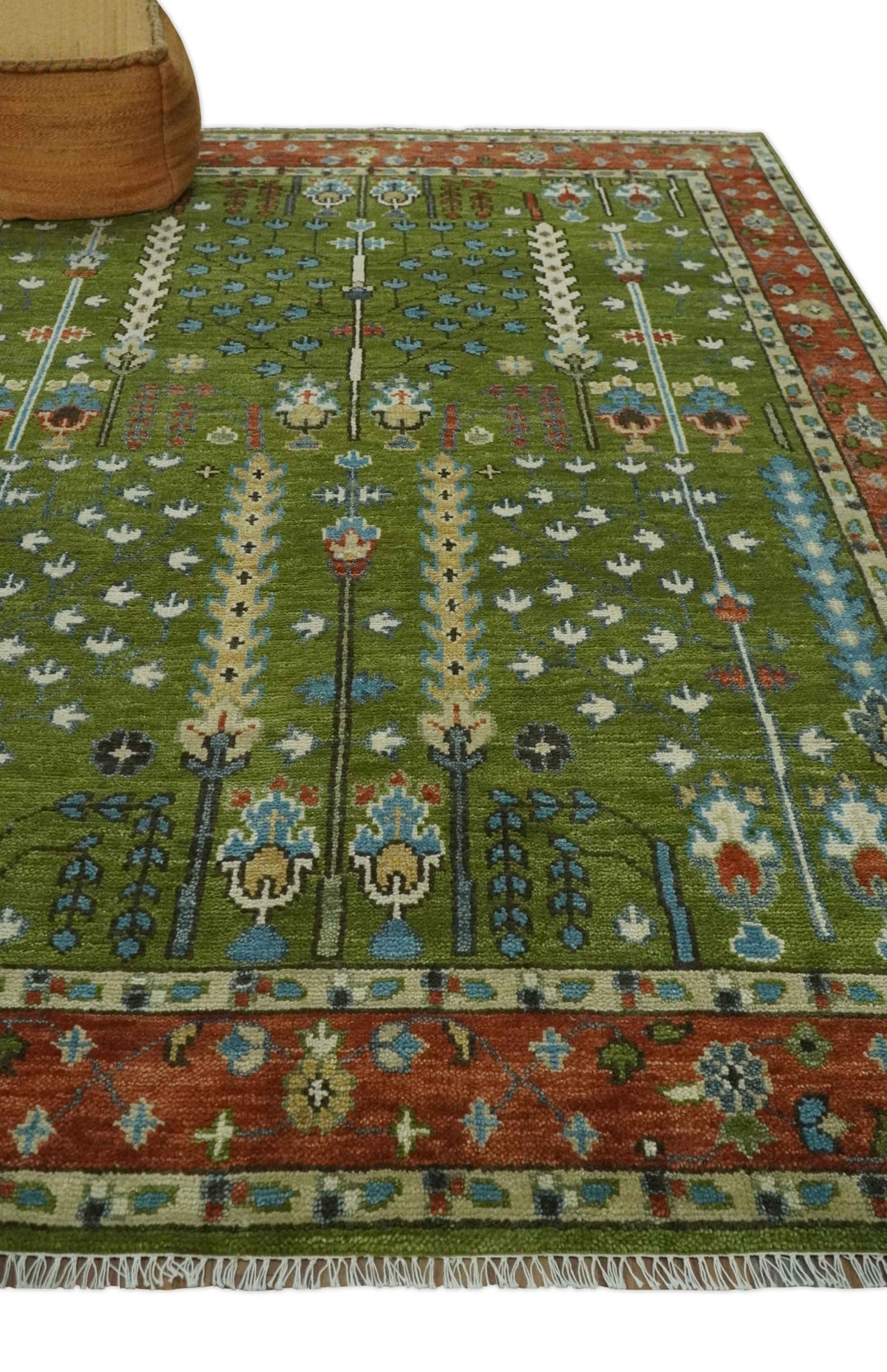 Tree of life Green and Rust Traditional Hand knotted 8x10 wool Area Rug - The Rug Decor