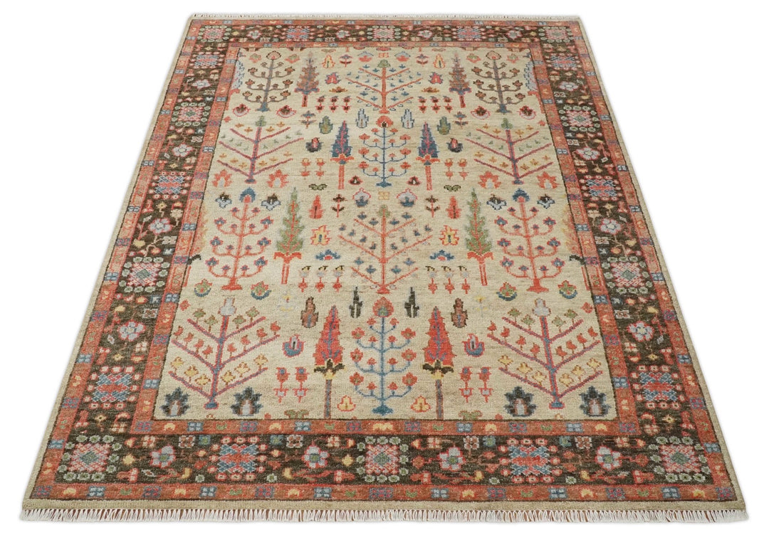 Tree of Life Hand Knotted 8x10 Beige, Brown and Rust Traditional Oushak Wool Rug - The Rug Decor
