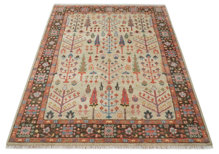Tree of Life Hand Knotted 8x10 Beige, Brown and Rust Traditional Oushak Wool Rug - The Rug Decor