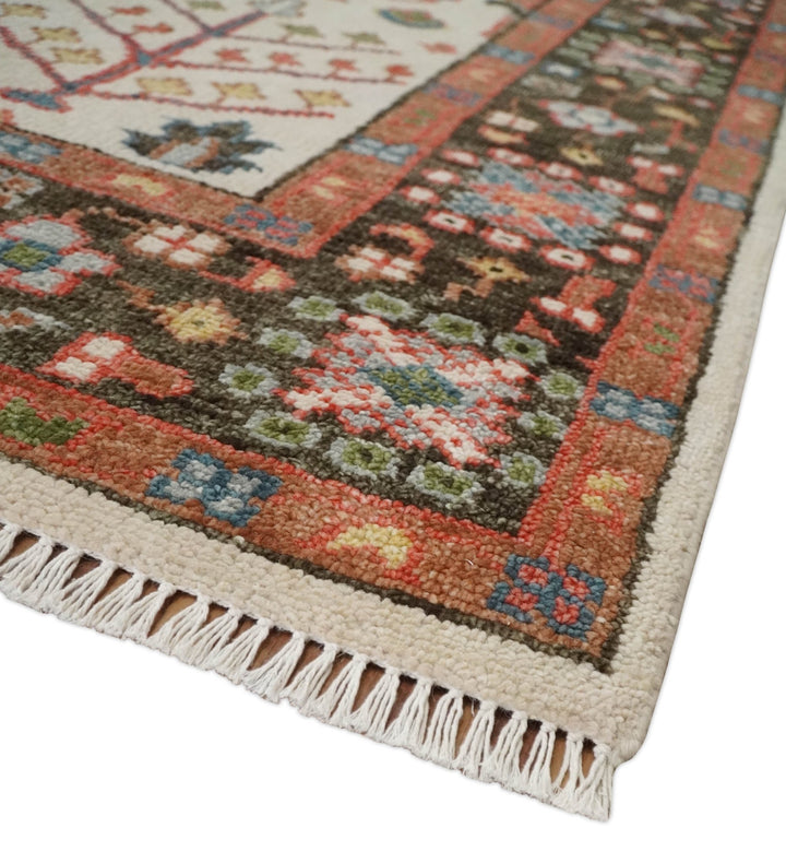 Tree of Life Hand Knotted Ivory, Brown and Rust Traditional Oushak Multi Size Wool Rug - The Rug Decor