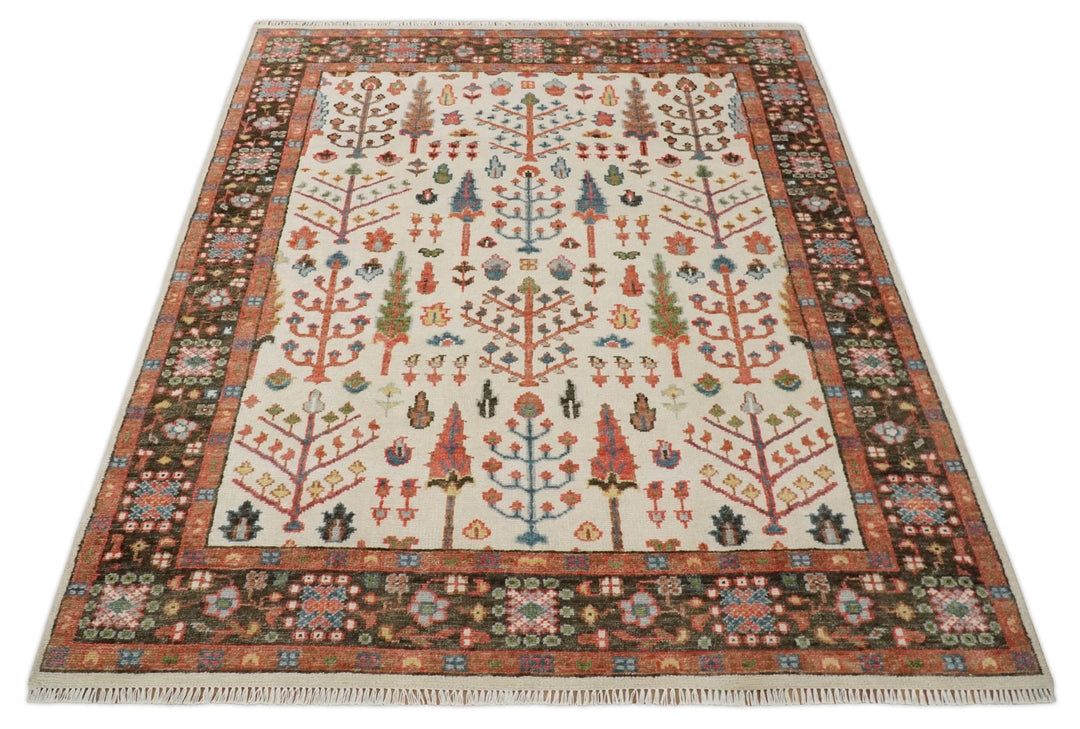 Tree of Life Hand Knotted Ivory, Brown and Rust Traditional Oushak Multi Size Wool Rug - The Rug Decor