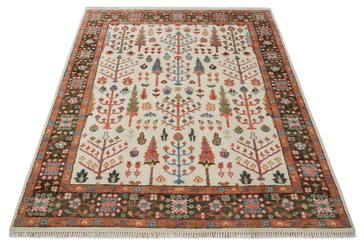 Tree of Life Hand Knotted Ivory, Brown and Rust Traditional Oushak Multi Size Wool Rug - The Rug Decor
