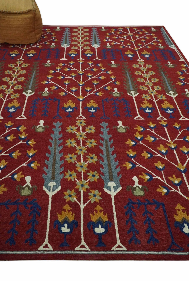 Tree of life Maroon, Blue and Gold Traditional Floral Hand Tufted Custom Made wool Area Rug - The Rug Decor