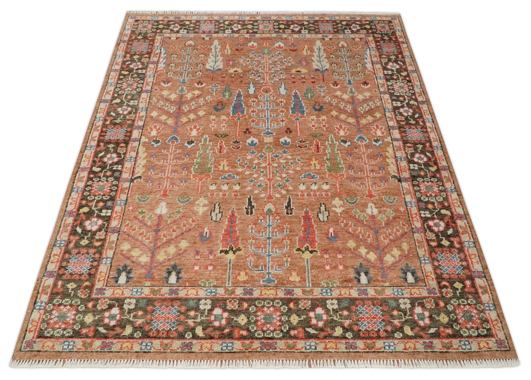 Tree of Life Peach and Brown Hand Knotted 8x10 Traditional Oushak Wool Rug - The Rug Decor