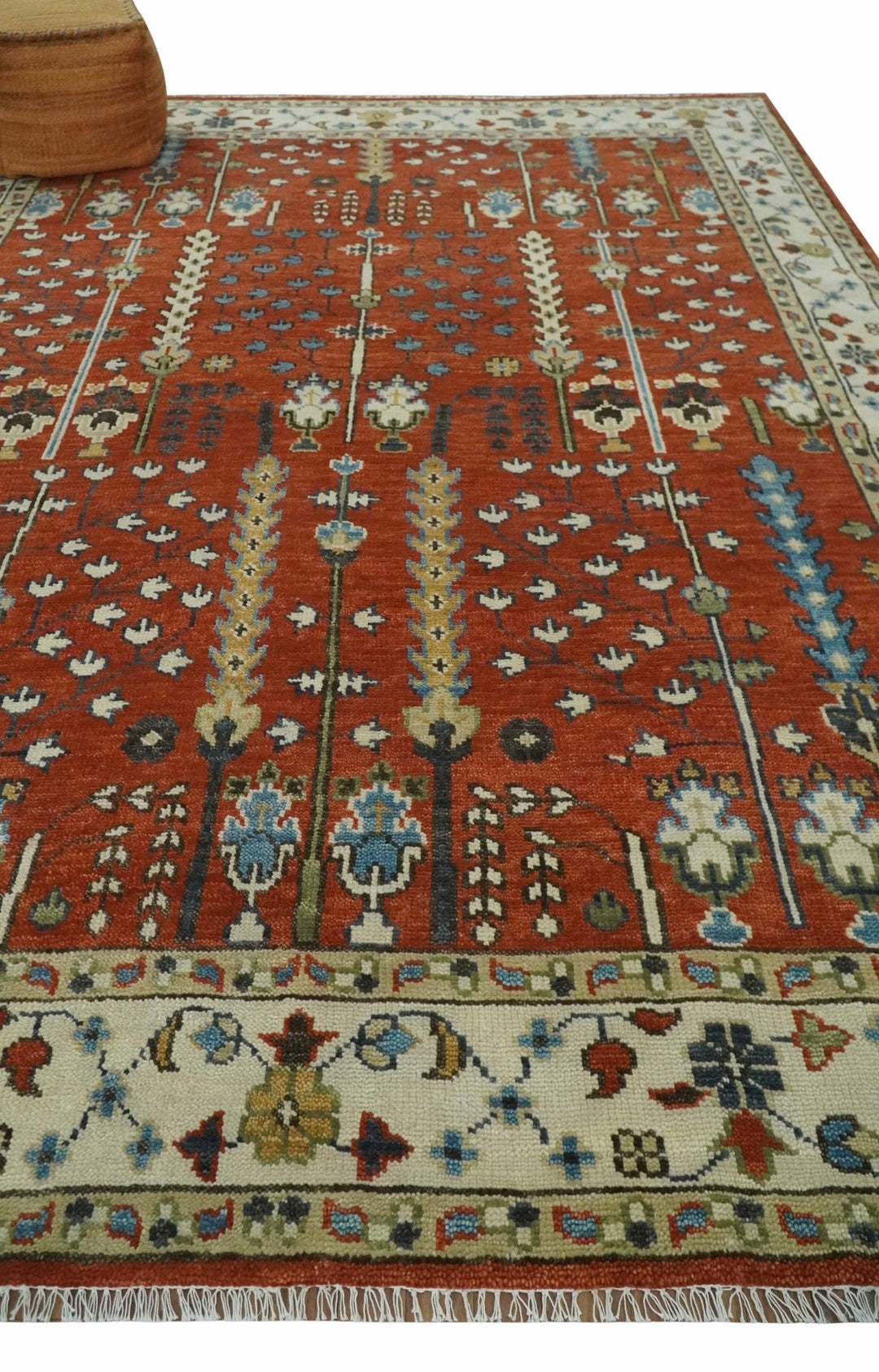 Tree Rug Hand Knotted Rust and Ivory 9x12 Traditional Turkish Design Wool Area Rug - The Rug Decor