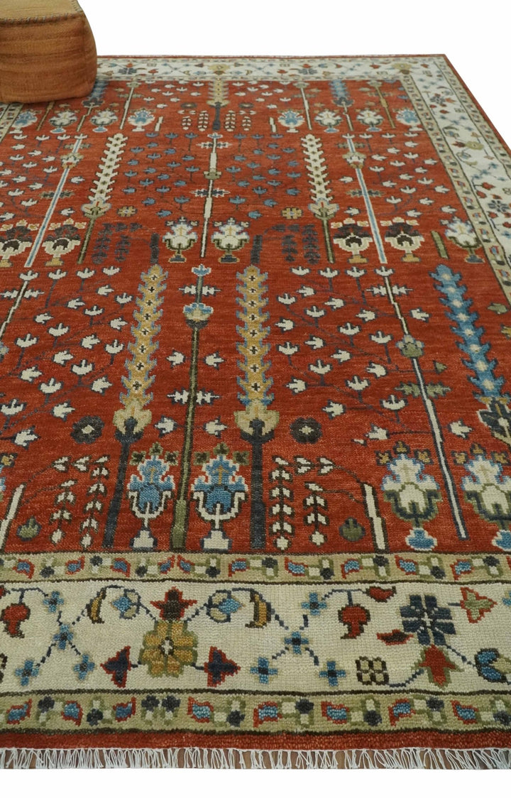 Tree Rug Hand Knotted Rust and Ivory 9x12 Traditional Turkish Design Wool Area Rug - The Rug Decor
