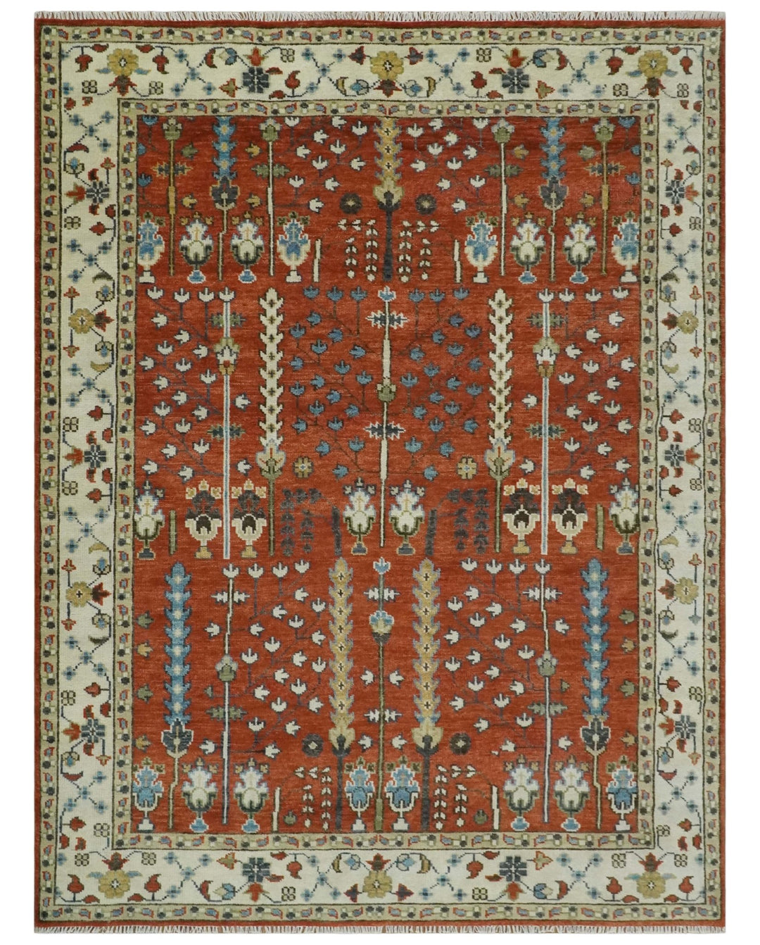 Tree Rug Hand Knotted Rust and Ivory 9x12 Traditional Turkish Design Wool Area Rug - The Rug Decor