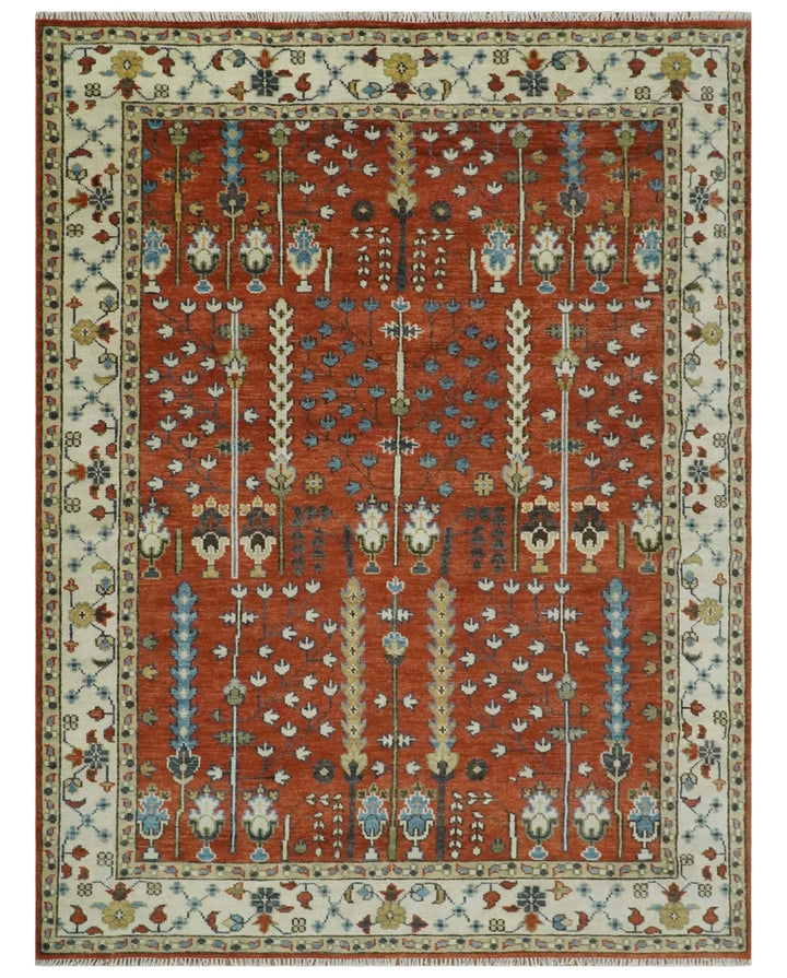 Tree Rug Hand Knotted Rust and Ivory 9x12 Traditional Turkish Design Wool Area Rug - The Rug Decor