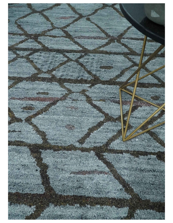 Tribal Design 8x10 Silver, Charcoal and Olive Stripes Handmade Wool Area Rug - The Rug Decor