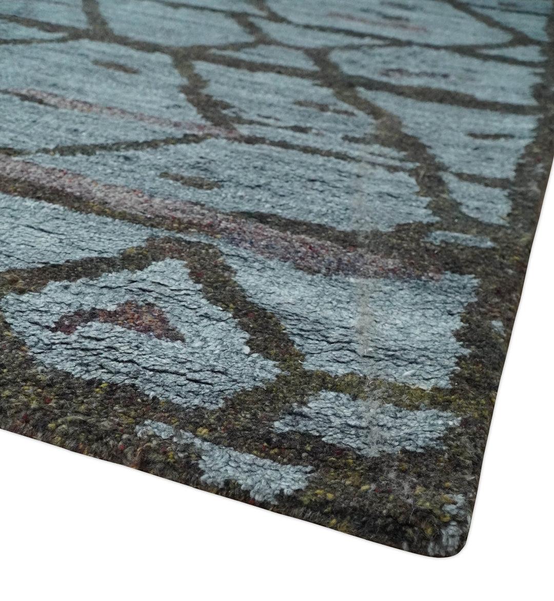 Tribal Design 8x10 Silver, Charcoal and Olive Stripes Handmade Wool Area Rug - The Rug Decor