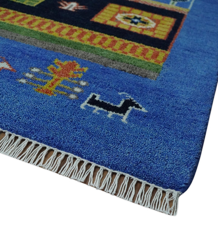 Tribal Gabbeh Blue, Black, Green and Rust Hand knotted Antique Look Traditional Wool Area Rug - The Rug Decor