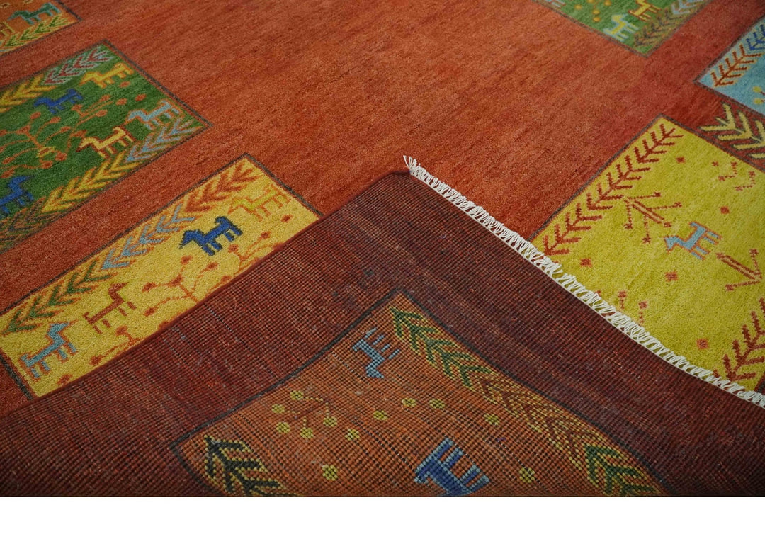 Tribal Gabbeh Rust, Green, Mustard and Aqua 8x10 Hand knotted Wool Area Rug - The Rug Decor