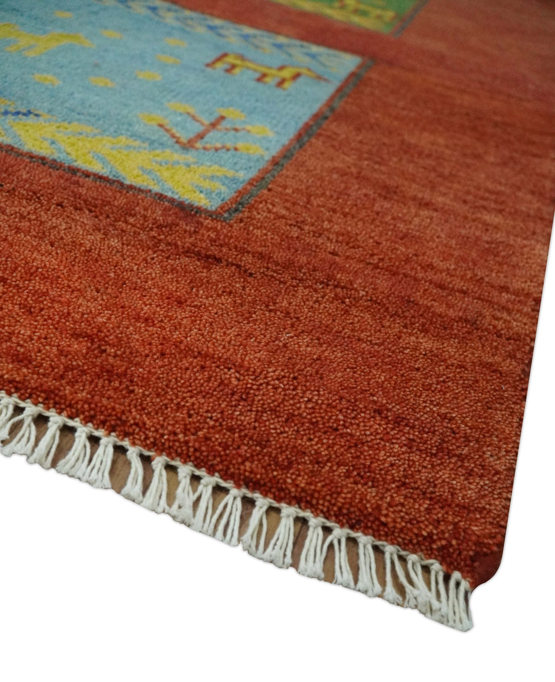 Tribal Gabbeh Rust, Green, Mustard and Aqua 8x10 Hand knotted Wool Area Rug - The Rug Decor