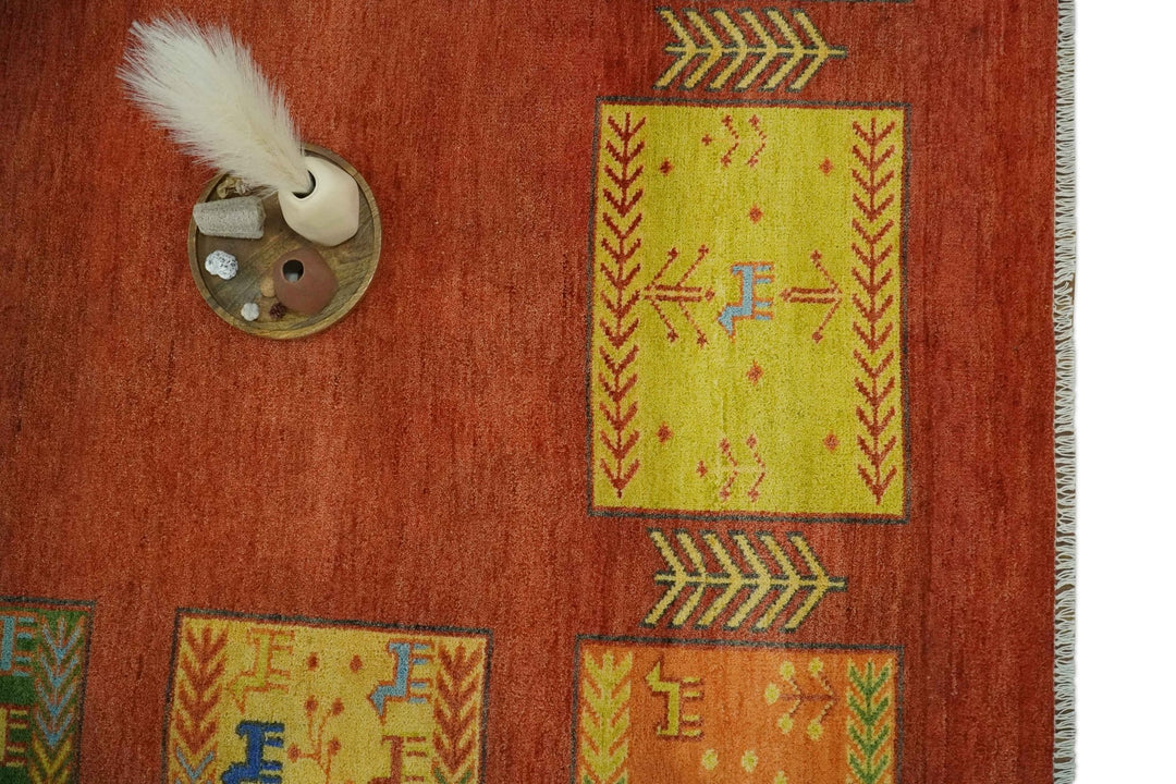 Tribal Gabbeh Rust, Green, Mustard and Aqua 8x10 Hand knotted Wool Area Rug - The Rug Decor