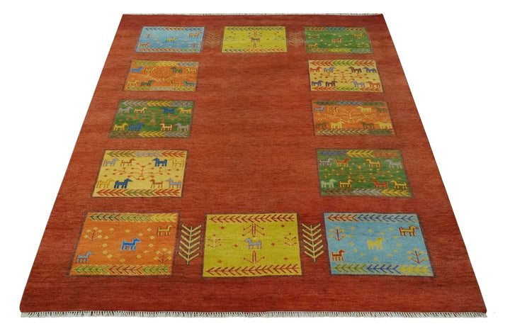 Tribal Gabbeh Rust, Green, Mustard and Aqua 8x10 Hand knotted Wool Area Rug - The Rug Decor