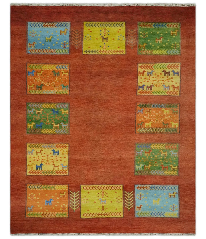 Tribal Gabbeh Rust, Green, Mustard and Aqua 8x10 Hand knotted Wool Area Rug - The Rug Decor