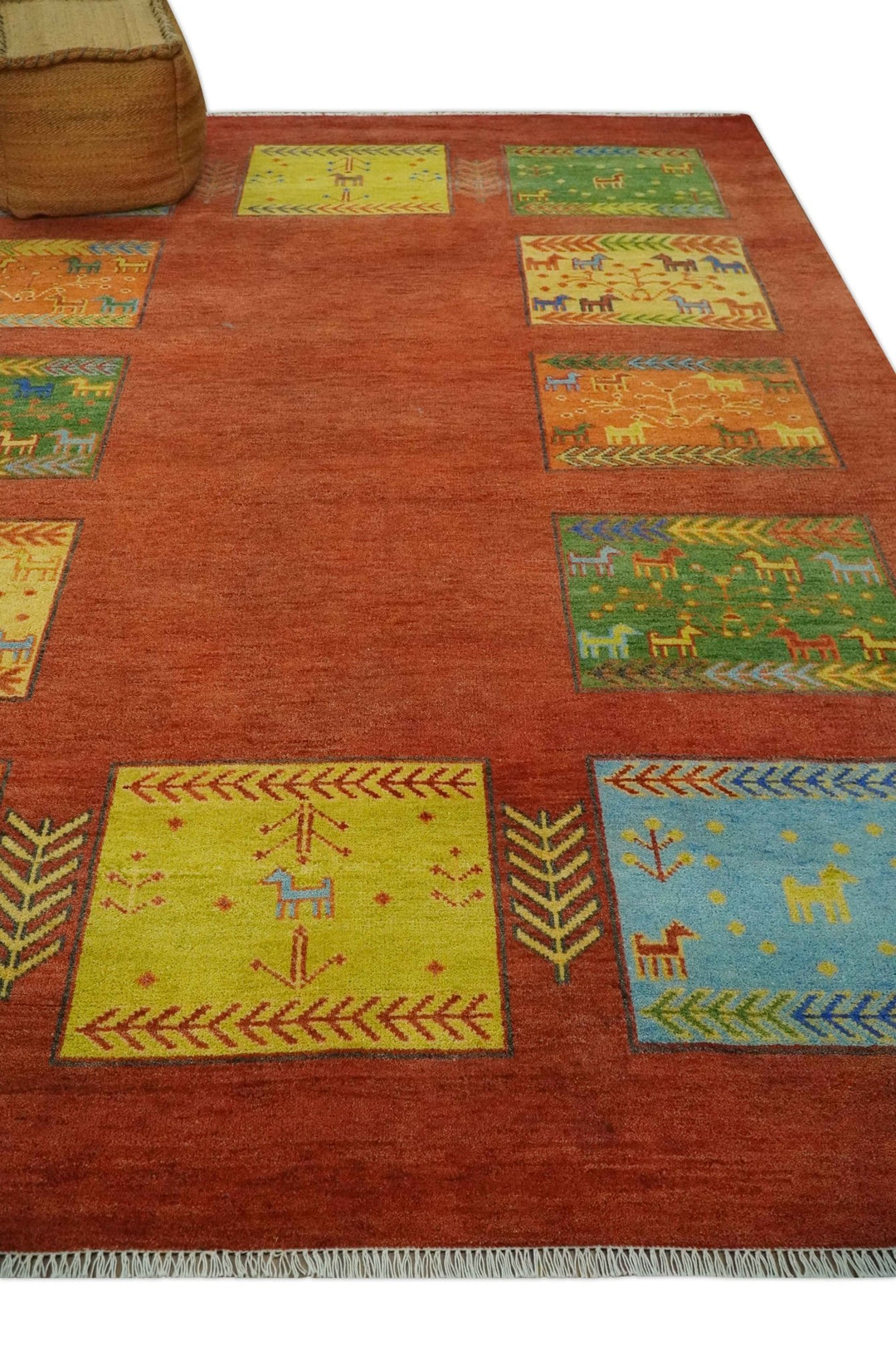 Tribal Gabbeh Rust, Green, Mustard and Aqua 8x10 Hand knotted Wool Area Rug - The Rug Decor