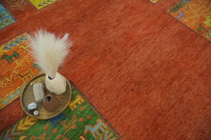 Tribal Gabbeh Rust, Green, Mustard and Aqua 8x10 Hand knotted Wool Area Rug - The Rug Decor