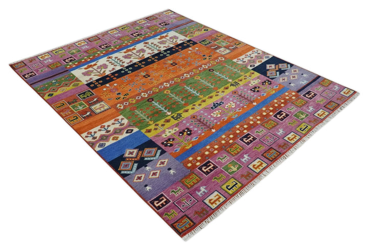 Tribal Gabbeh Rust, Ivory, Green and Pink Hand knotted 8x10 Antique Look Traditional Wool Area Rug - The Rug Decor