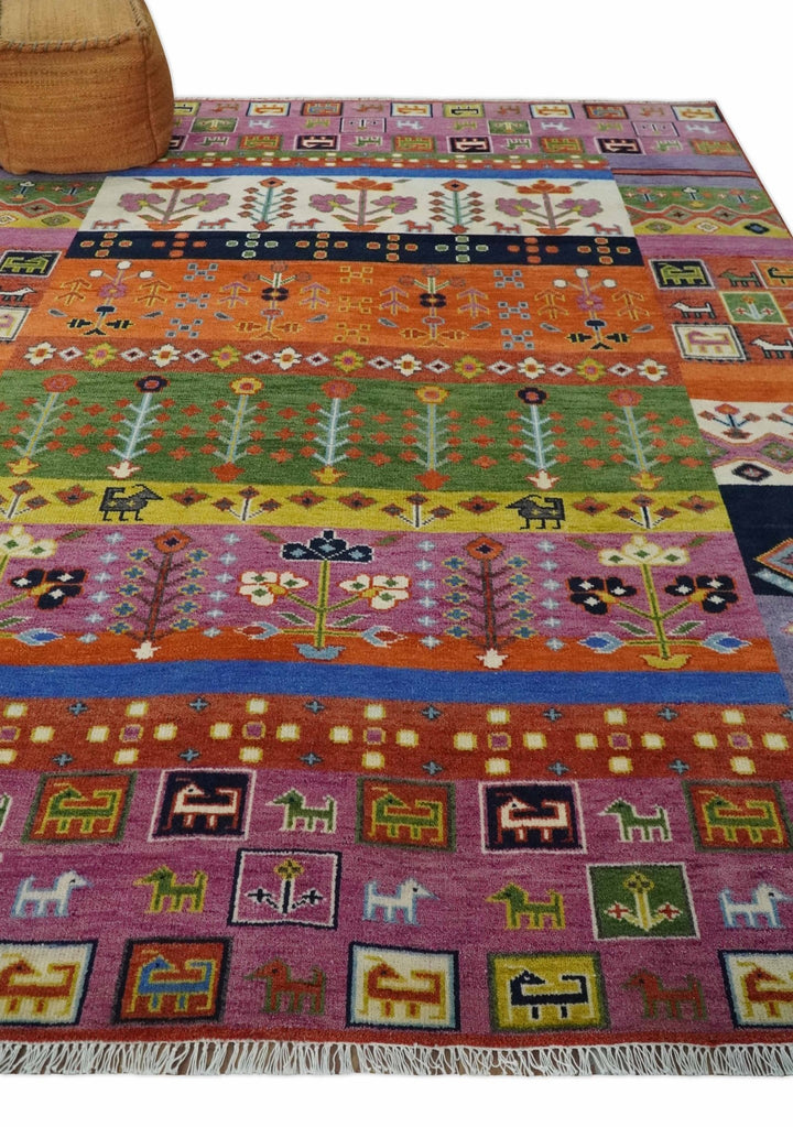 Tribal Gabbeh Rust, Ivory, Green and Pink Hand knotted 8x10 Antique Look Traditional Wool Area Rug - The Rug Decor