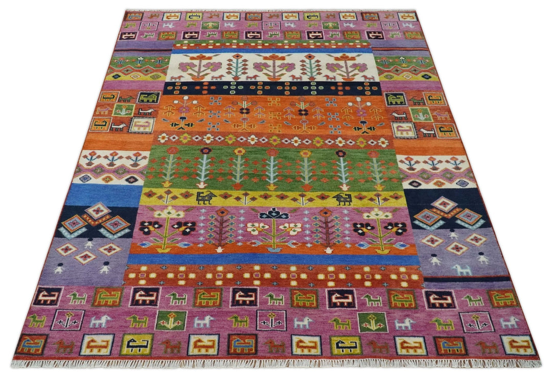 Tribal Gabbeh Rust, Ivory, Green and Pink Hand knotted 8x10 Antique Look Traditional Wool Area Rug - The Rug Decor