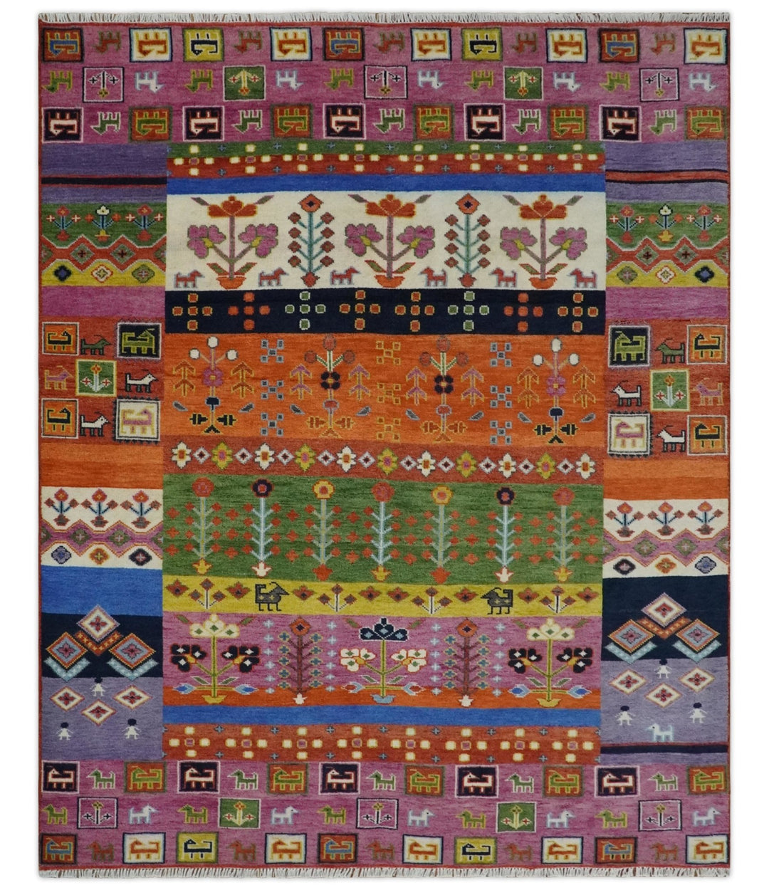 Tribal Gabbeh Rust, Ivory, Green and Pink Hand knotted 8x10 Antique Look Traditional Wool Area Rug - The Rug Decor