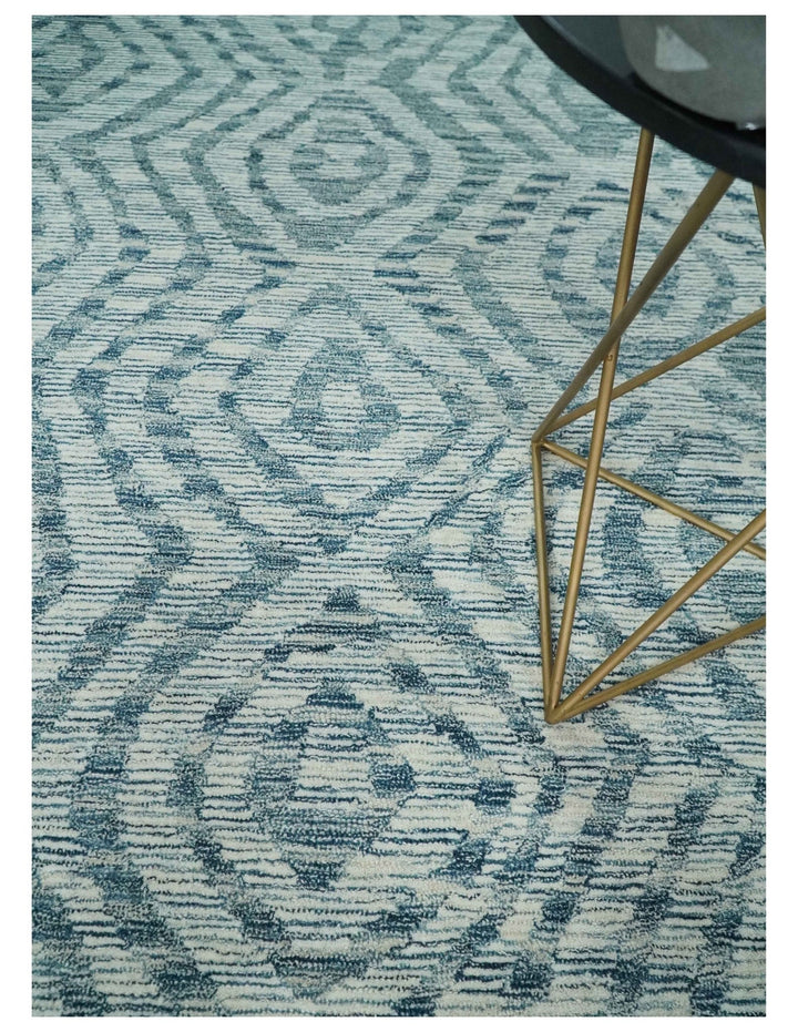Tribal Modern Hand Tufted 2x3, 3x5, 5x8, 6x9, 8x10 and 9x12 Woolen White and Blue Area Rug | CLO3 - The Rug Decor