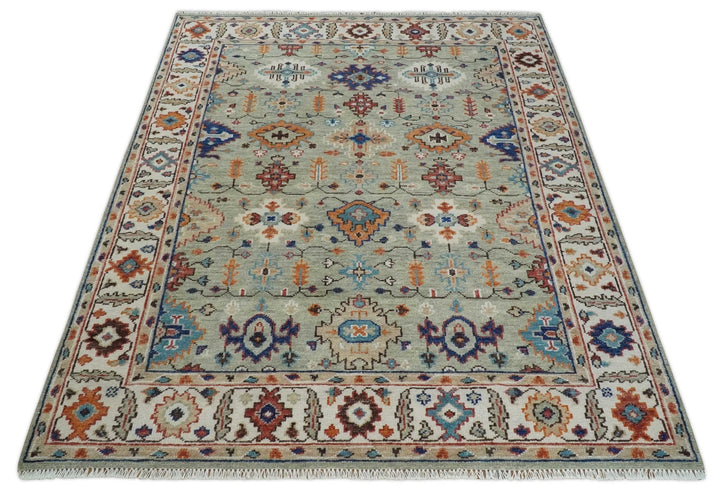Turkish Knot 8x10, 9x12, 10x14 and 12x15 Antique Green and Ivory Wool Traditional Persian Hand knotted Oushak Area Rug | TRD2768 - The Rug Decor