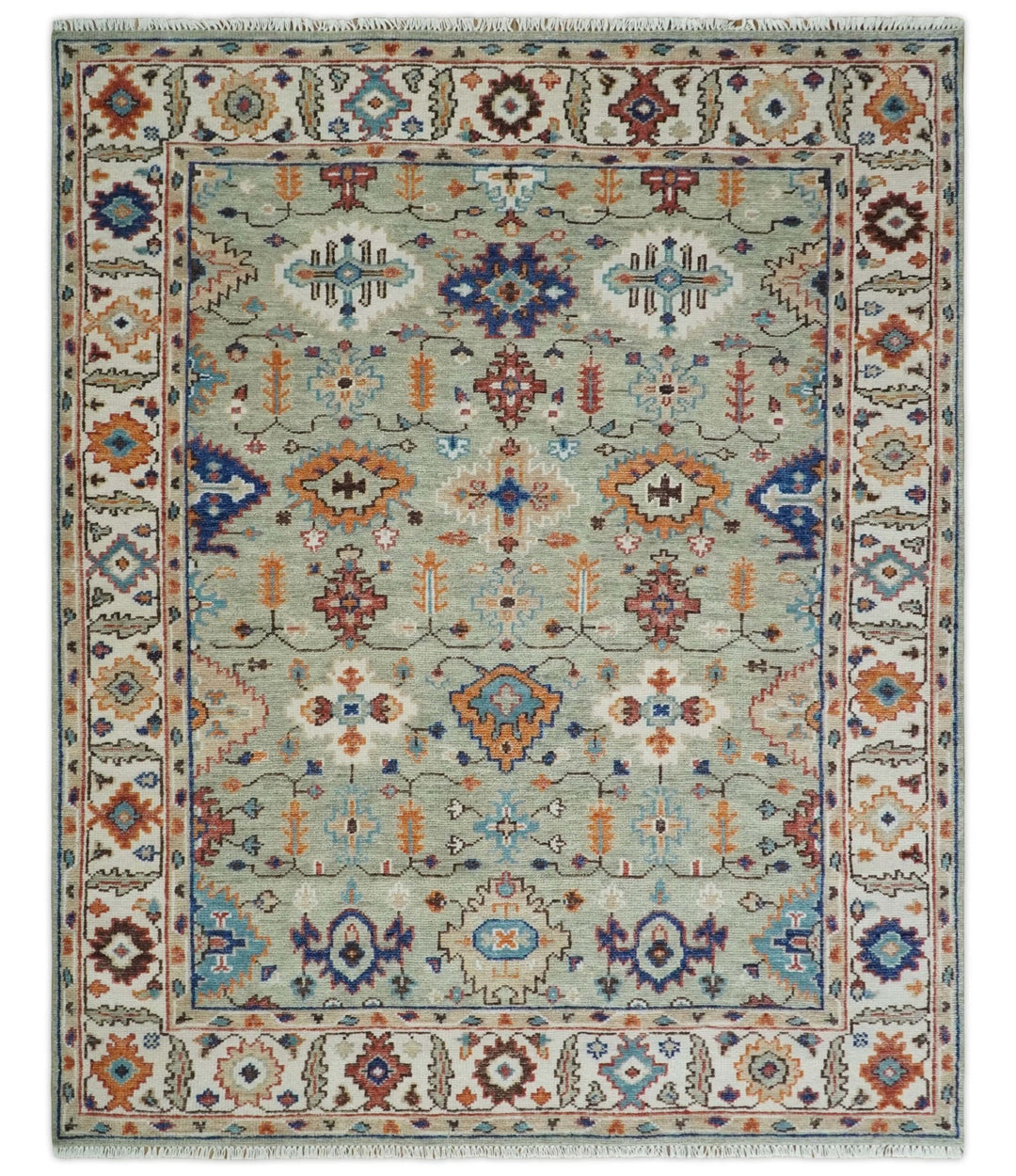Turkish Knot 8x10, 9x12, 10x14 and 12x15 Antique Green and Ivory Wool Traditional Persian Hand knotted Oushak Area Rug | TRD2768 - The Rug Decor