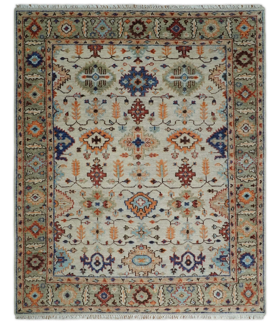 Turkish Knot Ivory and Green Colorful Traditional Multi Size Hand knotted Oushak Rug - The Rug Decor