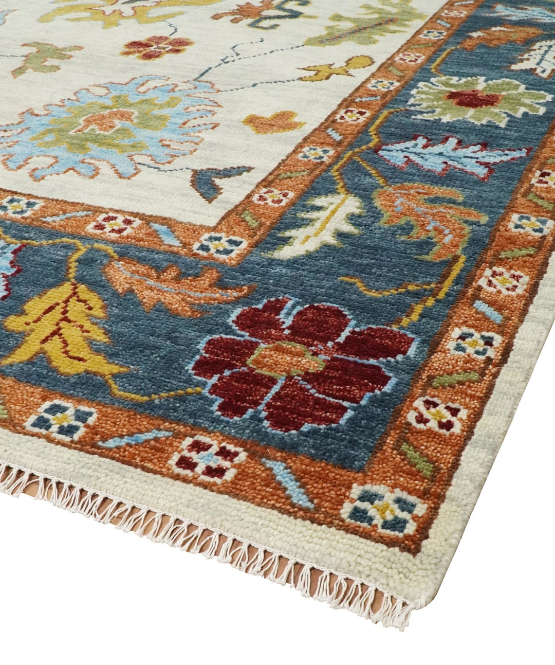 Vibrant 5x8, 6x9, 8x10, 9x12, 10x14 and 12x15 Hand Knotted Ivory, Teal and Rust Traditional Persian Oushak Wool Rug | TRDCP725 - The Rug Decor