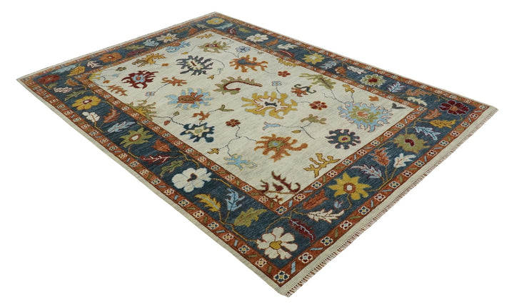 Vibrant 5x8, 6x9, 8x10, 9x12, 10x14 and 12x15 Hand Knotted Ivory, Teal and Rust Traditional Persian Oushak Wool Rug | TRDCP725 - The Rug Decor