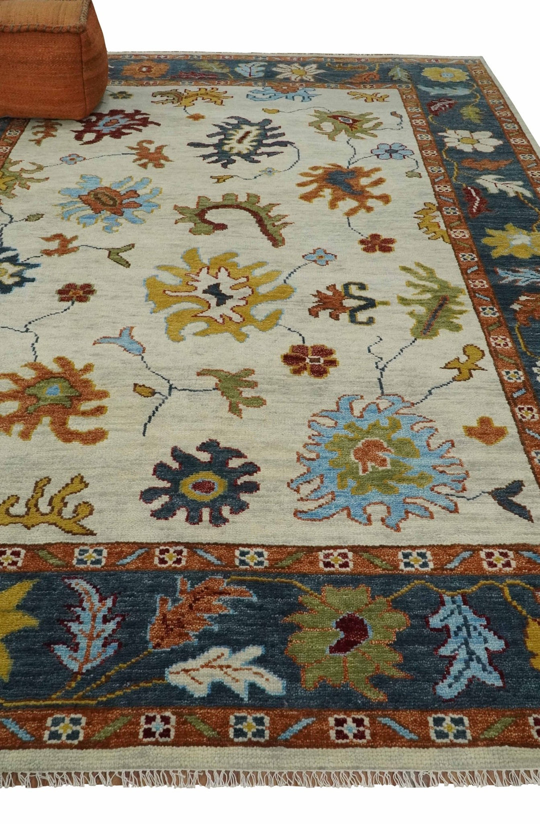 Vibrant 5x8, 6x9, 8x10, 9x12, 10x14 and 12x15 Hand Knotted Ivory, Teal and Rust Traditional Persian Oushak Wool Rug | TRDCP725 - The Rug Decor
