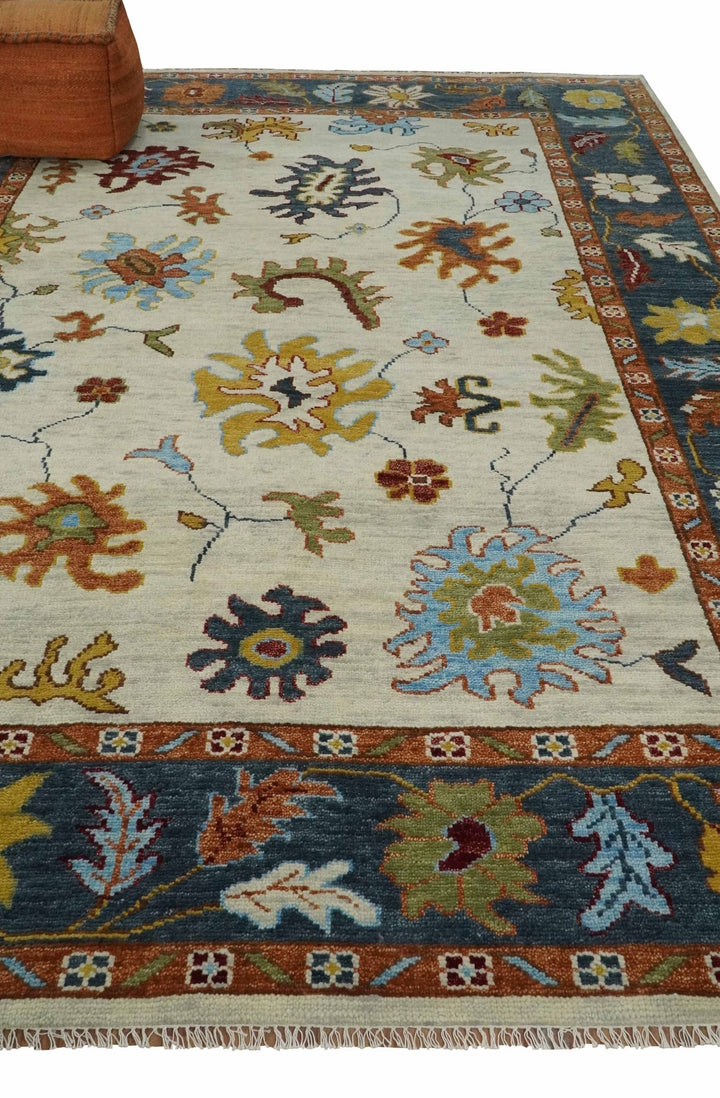 Vibrant 5x8, 6x9, 8x10, 9x12, 10x14 and 12x15 Hand Knotted Ivory, Teal and Rust Traditional Persian Oushak Wool Rug | TRDCP725 - The Rug Decor