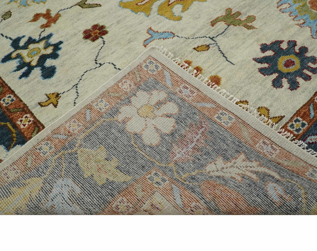 Vibrant 5x8, 6x9, 8x10, 9x12, 10x14 and 12x15 Hand Knotted Ivory, Teal and Rust Traditional Persian Oushak Wool Rug | TRDCP725 - The Rug Decor