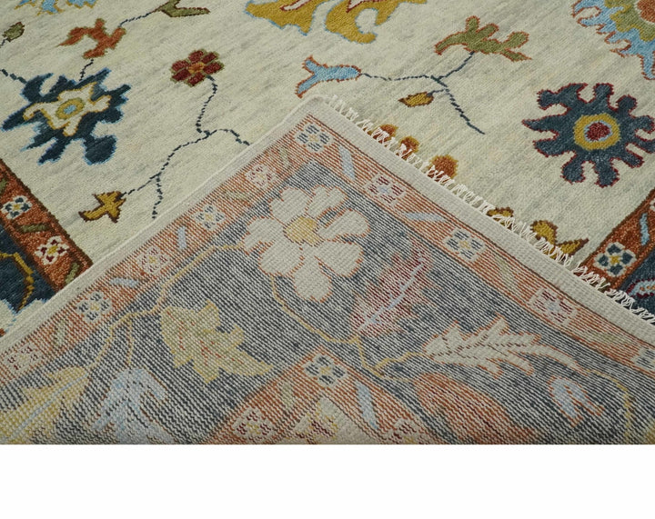 Vibrant 5x8, 6x9, 8x10, 9x12, 10x14 and 12x15 Hand Knotted Ivory, Teal and Rust Traditional Persian Oushak Wool Rug | TRDCP725 - The Rug Decor
